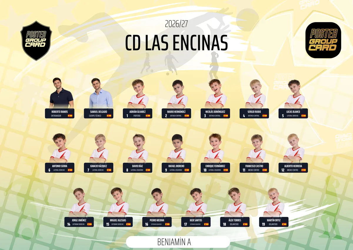 Póster de un equipo benjamín de fútbol: cada jugador aparece como su propia carta